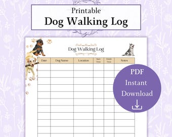 Dog Walking Log Printable PDF | Dog Walking Journal | Dog Walking Schedule | Puppy Walking Tracker