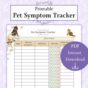 Afdrukbare pdf met huisdiersymptoomtracker | Huisdiergezondheidstracker | Symptomenlogboek huisdier | Hondenverzorgingsdeken | Verzorgingslogboek katten