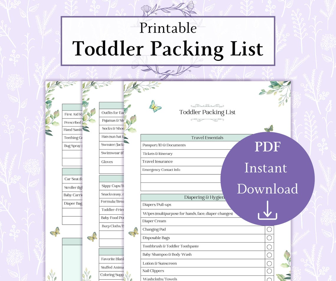 Toddler Packing List Printable PDF | Travel Packing Checklist | Kids