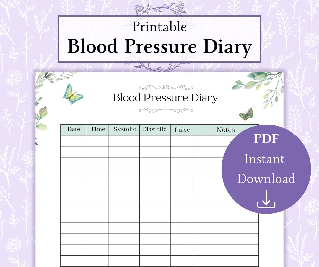 Blood Pressure Diary Printable PDF | Symptom Log | Blood Pressure Sheet ...