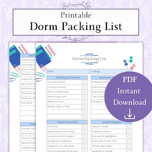 Dorm Packing List Printable PDF | College Must Haves | College Packing List | Dorm Shopping List | Moving Organisation