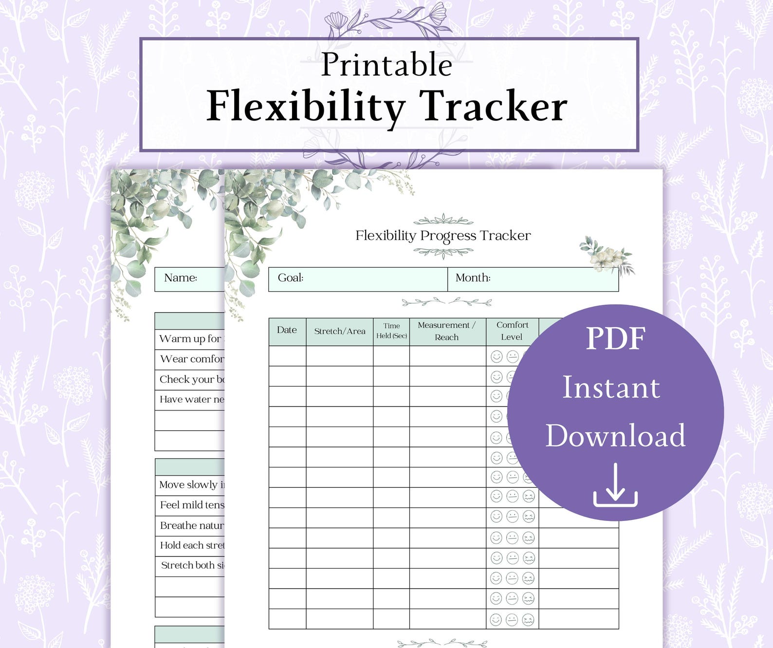 Stretchng Log Flexibility Tracker Printable PDF, Stretching Log, Stretching Checklist ...