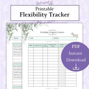 Könnte beinhalten: Ein druckbarer Flexibilitätstracker mit floralem Design. Das Dokument enthält Abschnitte für Name, Ziel und Monat sowie eine Tabelle zur Verfolgung von Dehnungen, Haltezeit und Komfortniveau. Ein lila Kreis mit dem Text "PDF Sofort-Download" befindet sich auf der rechten Seite.
