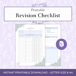 Pode incluir: Uma lista de verificação de revisão imprimível com um fundo floral. A lista de verificação inclui seções para o nome do aluno, detalhes do exame, tópicos de revisão, prioridade e notas. Um ícone PDF é visível. O texto "Revision Checklist" é exibido.