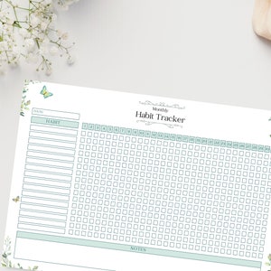 May include: A printable monthly habit tracker with a green and white color scheme. The tracker has a section for the date, habit, and notes. The tracker is decorated with butterflies and floral designs.