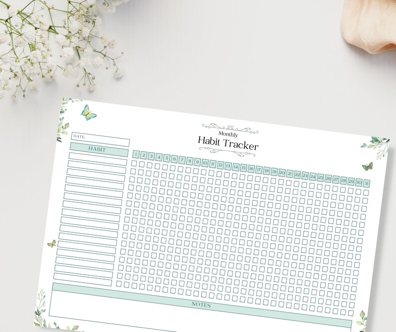 May include: A printable monthly habit tracker with a green and white color scheme. The tracker has a section for the date, habit, and notes. The tracker is decorated with butterflies and floral designs.