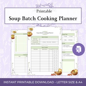 Könnte beinhalten: Ein druckbarer Suppen-Batch-Kochplaner mit floralem Design. Der Planer enthält Abschnitte für Batch-Details, Zutaten und Lagerpläne. Der Text "Soup Batch Cooking Planner" ist prominent dargestellt. Der Text "Instant Printable Download - Letter Size & A4" ist ebenfalls vorhanden.