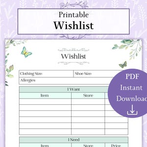 Lista de deseos en formato PDF imprimible / Lista de cosas favoritas / Lista de deseos de compras / Plantilla de lista de deseos
