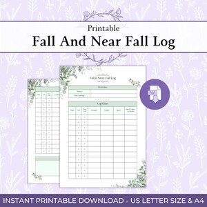 Può includere: Un documento stampabile Fall And Near Fall Log con sfondo bianco e dettagli di foglie di eucalipto verdi. Il modulo include una sezione di riepilogo e una tabella di registro con colonne per data, caduta, quasi caduta e follow-up.