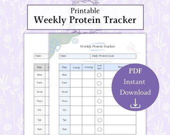 Weekly Protein Tracker Printable PDF, Protein Log, Food Journal, Macro Meal Plan, Nutrition Chart, Weekly Workout Nutrition