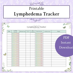 Puede incluir: Un rastreador de linfedema imprimible con un diseño floral. El documento incluye secciones para la fecha, la gravedad de la hinchazón, el área afectada, la condición de la piel, la intensidad del dolor, el nivel de actividad y las notas. Un círculo morado con el texto "PDF Descarga instantánea" está a la derecha.