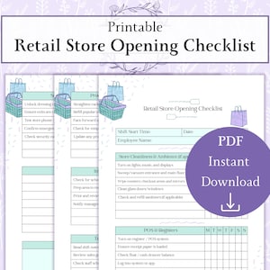 May include: Printable retail store opening checklist with a purple PDF instant download button. The checklist includes sections for store cleanliness, POS, and shift start time. The background is a light purple floral design.