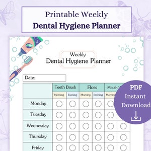 Planificador de higiene dental en formato PDF imprimible / Registro semanal de cepillado de dientes / Registro de uso de hilo dental / Diario médico / Registro de cuidado de las encías
