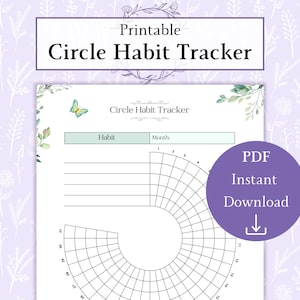 Könnte beinhalten: Druckbarer Kreis-Gewohnheits-Tracker mit floralem Design. Der Tracker hat einen Bereich für den Gewohnheitsnamen, den Monat und einen Kreis, der in 30 Abschnitte für die tägliche Verfolgung unterteilt ist.