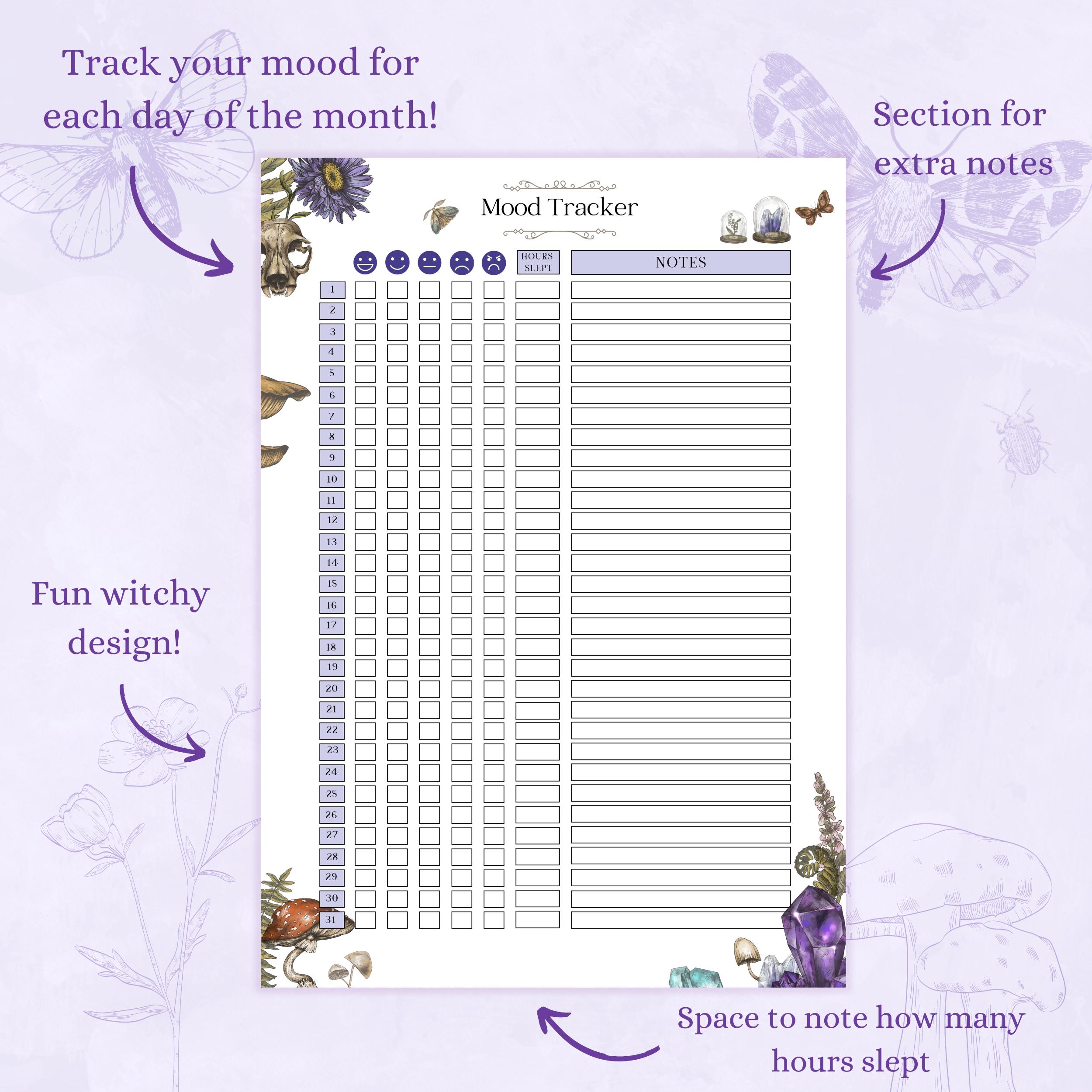 Monthly Mood Tracker | Witchy Printable PDF | Happiness Tracker ...
