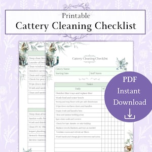 Peut inclure: Liste de contrôle de nettoyage de chatterie imprimable avec un design floral et des illustrations de chats. La liste comprend des tâches quotidiennes et mensuelles pour maintenir une chatterie propre. PDF téléchargeable instantanément.