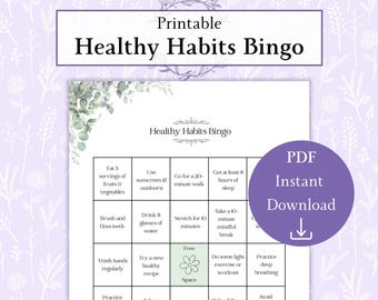 Healthy Habits Bingo Printable PDF, Wellness Bingo, Family Wellness Game, Nutrition And Fitness Bingo, Health Worksheet