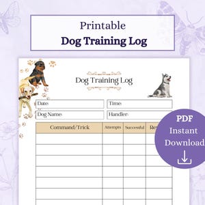 Journal de dressage de chien PDF imprimable | Fiche de dressage de chien | Journal de soins pour animaux de compagnie | Calendrier des chiots | Traqueur de dressage de chiots