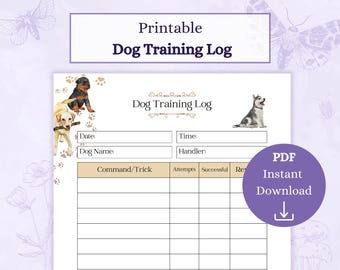 Dog Training Log Printable PDF | Dog Training Sheet | Pet Care Log | Puppy Schedule | Puppy Dog Training Tracker