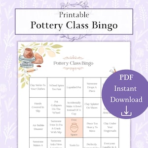 Puede incluir: Hoja de juego de bingo imprimible de clase de cerámica con un diseño floral púrpura y blanco. La tarjeta de bingo presenta indicaciones relacionadas con la cerámica y un círculo púrpura con el texto "Descarga instantánea PDF".