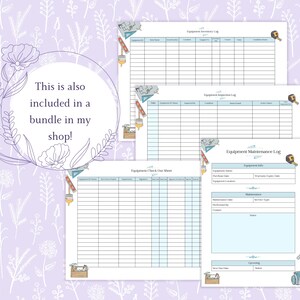 May include: A collection of printable equipment logs, including an inventory log, inspection log, check-out sheet, and maintenance log. The pages have a light blue and white design with decorative tool illustrations and the text "This is also included in a bundle in my shop!"