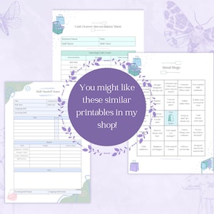 May include: A collection of printable sheets for retail use, including a cash drawer reconciliation sheet, shift handoff notes, and a retail bingo game. The sheets have a light blue and white color scheme with decorative elements and the text "You might like these similar printables in my shop!"