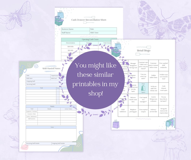 May include: A collection of printable sheets for retail use, including a cash drawer reconciliation sheet, shift handoff notes, and a retail bingo game. The sheets have a light blue and white color scheme with decorative elements and the text "You might like these similar printables in my shop!"