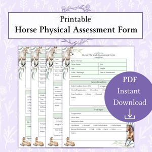 May include: Printable horse physical assessment form with a purple border and floral accents. The form includes sections for general condition, vital signs, and a PDF instant download option. The form is designed for equine health evaluations.