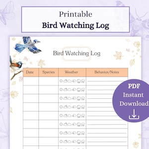 Logboek vogelspotten afdrukbare pdf | Vogelnerd | Vogeldagboek | Vogelobservatiedagboek | Avian Tracker | Vogelkaart