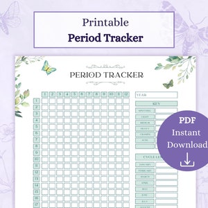 May include: Printable period tracker with a floral design. The tracker has a grid for tracking your cycle length and a key for marking spotting, light, medium, heavy, cramps, and acne.