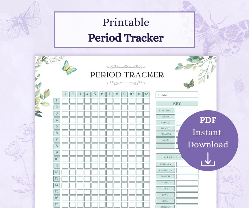 May include: Printable period tracker with a floral design. The tracker has a grid for tracking your cycle length and a key for marking spotting, light, medium, heavy, cramps, and acne.