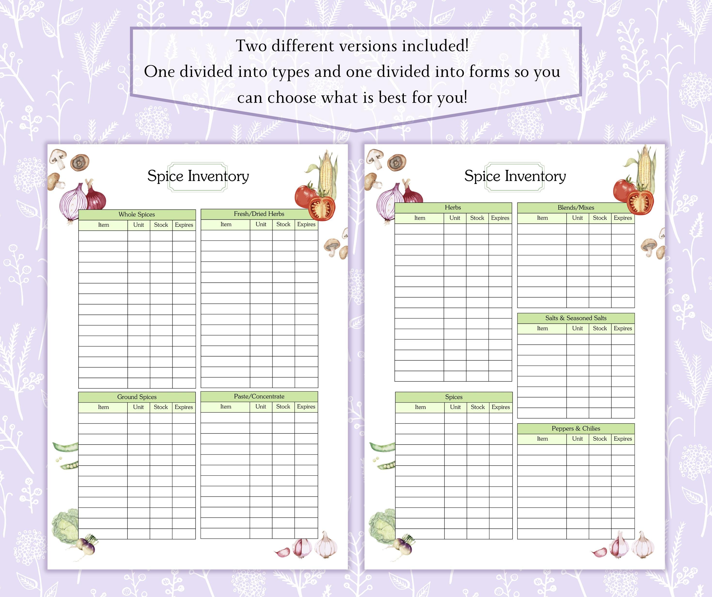 Spice Inventory Tracker Printable PDF | Spice Chart Inventory ...