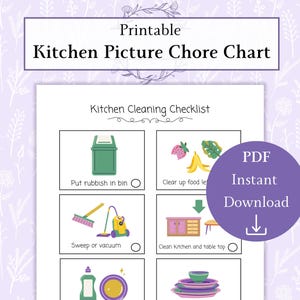 Puede incluir: Tabla de tareas de la cocina imprimible con imágenes. La tabla incluye tareas como tirar la basura a la papelera, limpiar los restos de comida, barrer o aspirar y limpiar la cocina y la encimera.