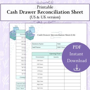 Cash Drawer Reconciliation Sheet Printable PDF | Cash Drawer Sheet | Till Reconciliation | Cash Count Sheet | Till Balancing Log