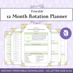 Op de afbeelding: Een printbare 12-maanden rotatieplanner met een lichtgroen en geel bloemendesign. Het document bevat secties voor doelen, maandelijkse overzichten en lijsten voor hobbyverkenning. Beschikbaar als directe download in A4-formaat.