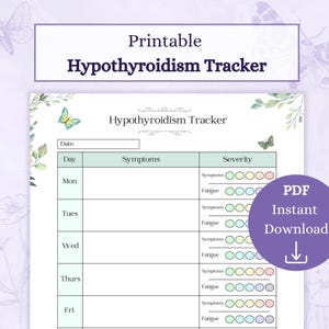 May include: Printable Hypothyroidism Tracker with a floral design. The tracker has a column for the day of the week, symptoms, and severity. The severity is rated with a scale of five circles in different colors.