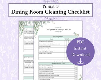 Dining Room Cleaning Checklist Printable PDF | Room By Room Cleaning | Home Cleaning Schedule | Housekeeping Checklist
