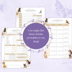 May include: Three printable dog-themed checklists with cute illustrations of dogs. The checklists are titled "Dog Report Card", "Dog Daily Schedule", and "Pet Feeding Schedule".
