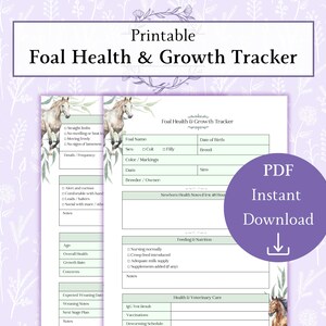 May include: Printable Foal Health & Growth Tracker. A PDF instant download with sections for foal name, date of birth, and health notes. Features a watercolor horse illustration and a purple circle with the text "PDF Instant Download".