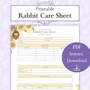 May include: Printable rabbit care sheet with a sunflower and bird illustration. The sheet includes sections for name, gender, allergies, date of birth, weight, medical history, medication, frequency, notes, contacts, vet clinic, emergency vet, free room notes, type, frequency, food, and notes.