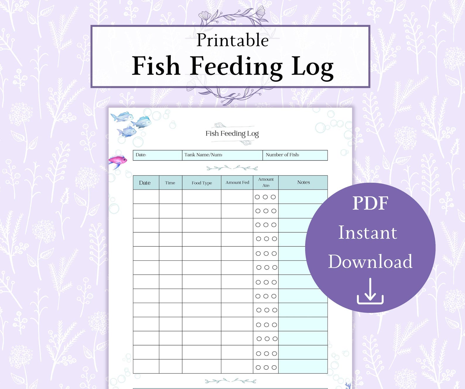 Fish Feeding Log Printable PDF | Aquarium Feeding Tracker | Fish Tank ...