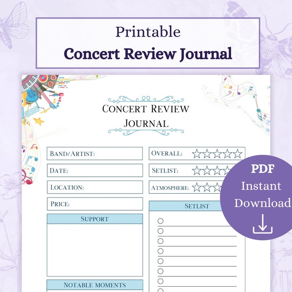 Concert Journal Review Printable PDF | Gig Tracker | Concert Diary | Gig Journal | Band Review | Gig Review Journal