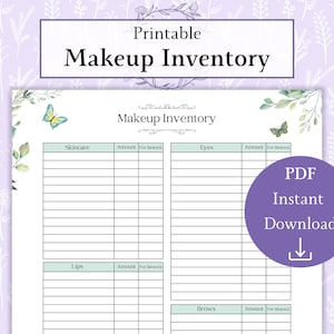 Puede incluir: Lista de inventario de maquillaje imprimible con secciones para el cuidado de la piel, los ojos, los labios y las cejas. Cada sección tiene columnas para el nombre del producto y la cantidad a reabastecer. El diseño presenta un borde floral de acuarela con mariposas.