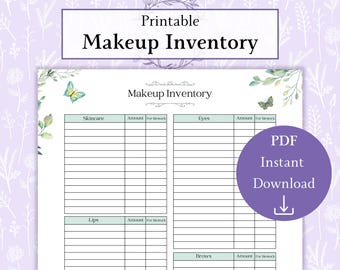 PDF para impressão de inventário de maquiagem | Rastreador de inventário | Organizador de maquiagem | Gráfico de cuidados com a pele | Rastreador de maquiagem
