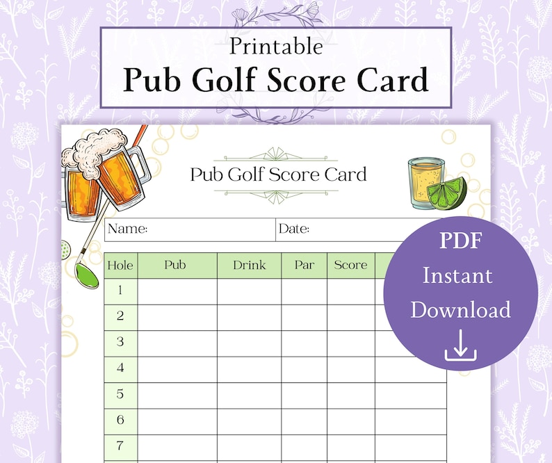 Pub Golf Score Card Printable PDF Bar Golf Score Card Pub Crawl Rules ...