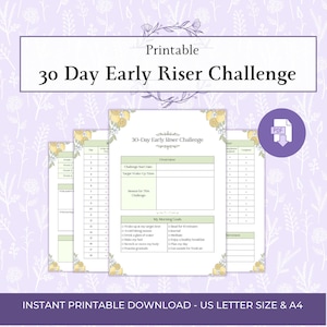 Könnte beinhalten: Ein druckbares 30 Day Early Riser Challenge Dokument mit einem hellgrünen und gelben Blumenrand. Die Seite enthält Abschnitte für das Startdatum, die Zielaufstehzeit und eine Checkliste für morgendliche Ziele wie Lesen und Sport.