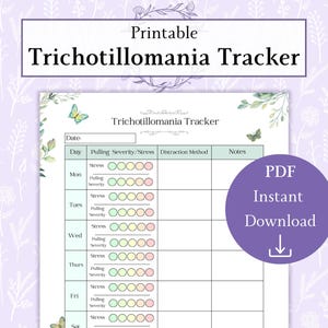 Trichotillomanie-tracker afdrukbare pdf | Schema voor het trekken van haar | Trichotillomaniestam | Symptomentabel: