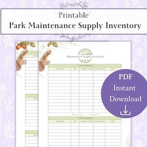 May include: Printable Park Maintenance Supply Inventory form. The document features a floral design with two owl illustrations. The form includes sections for tools, equipment, and cleaning supplies, with fields for item name, quantity, and supplier.
