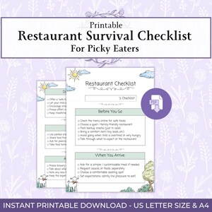 May include: Printable Restaurant Survival Checklist for Picky Eaters. The document features a checklist with sections like "Before You Go" and "When You Arrive." The design includes illustrations of a sun, clouds, and trees. The document is available in US Letter size.