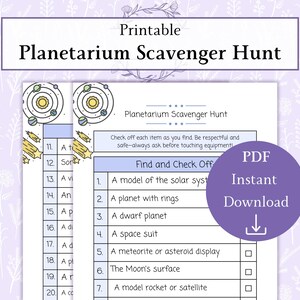 May include: A printable Planetarium Scavenger Hunt sheet with a purple PDF Instant Download button. The sheet includes a list of items to find, such as a model of the solar system and a space suit. The title is in a decorative font.